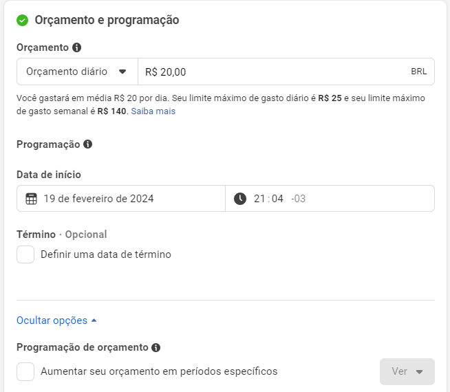 Facebook Ads: definir orçamento
